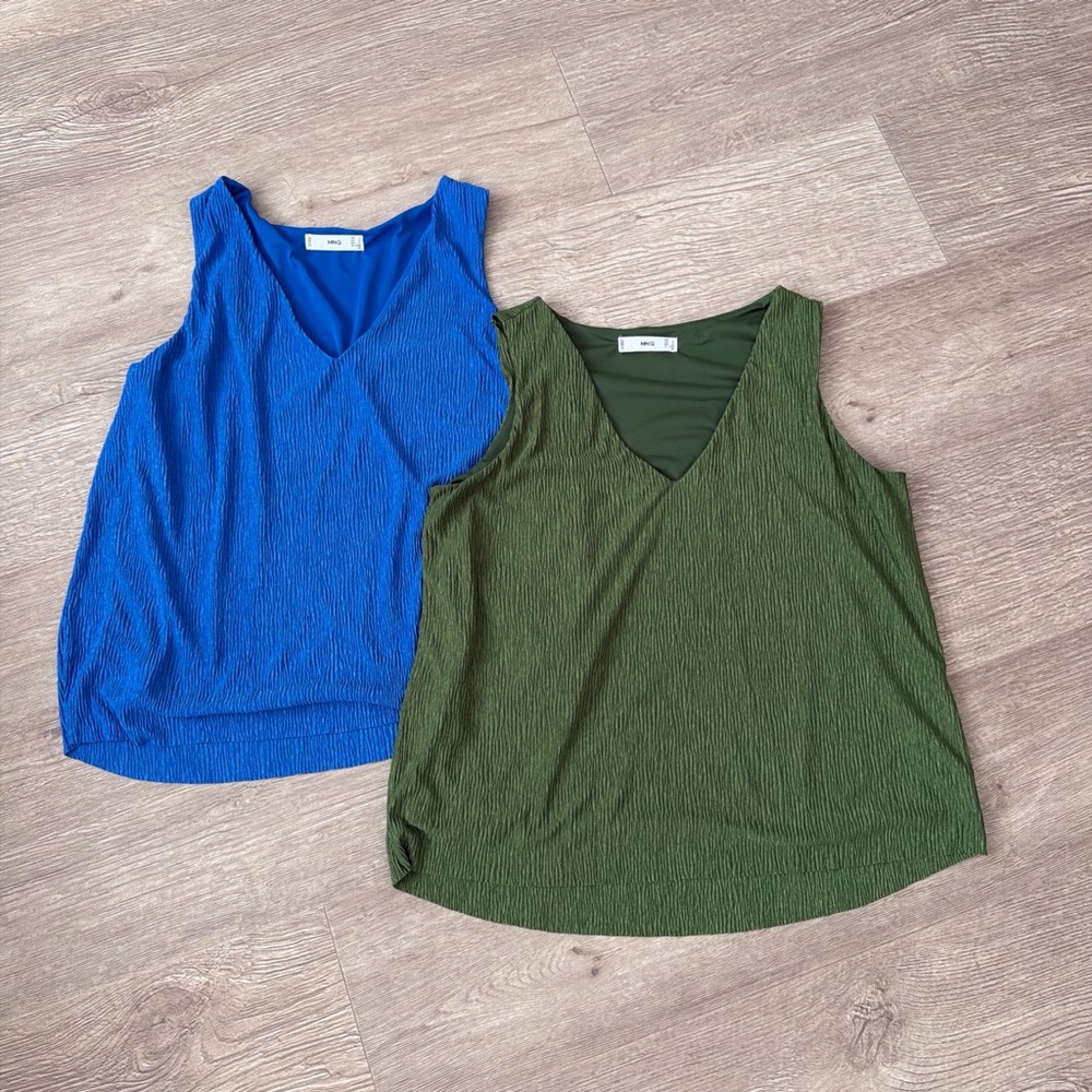 Mango V-Neck Textured Camisole Duo in Royal Blue & Olive Green